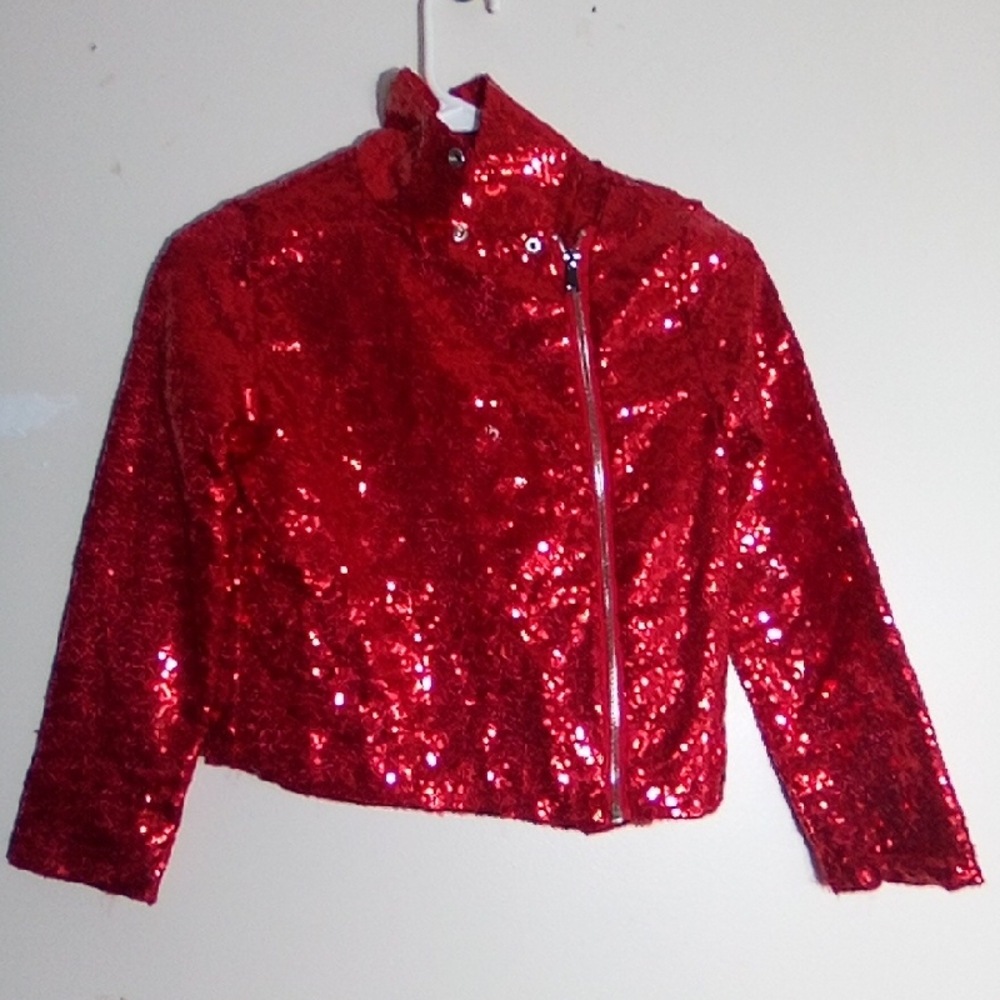 JoJo'S Closet Girls' Red Sequin Blazer Jacket - Sparkle Zip Front 7/8 Medium